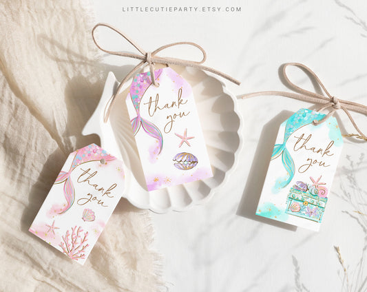 Editable Mermaid Shower Favors, Thank You Favor Tag, 3 Thank you Tags for Mermaid Baby Shower Party MRMBS001