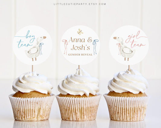Editable Waddle it be Gender Reveal Cupcake Toppers, Duck Cake Topper for He or She, Boy or Girl Decorations DCKGR001