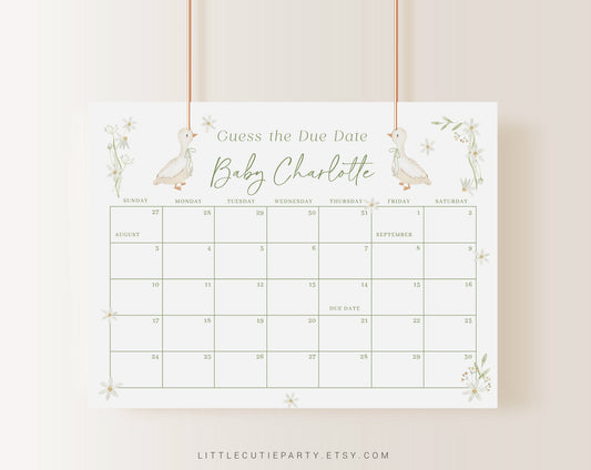Editable Goose Baby Shower Due Date, Guess Due Date Calendar for Goose Baby Shower Party, Guess the Arrival Date GSEBS001