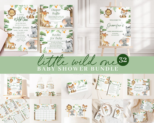 Editable Safari Bundle, Safari Baby Shower Bundle, Wild One Baby Shower Invitation Set with Games Bundle and Decor SAFRBS001