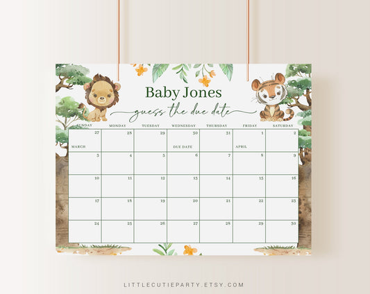 Editable Safari Baby Shower Calendar, Safari Animal Due Date Calendar, Due Date Calendar Games for Shower Party SAFRBS001