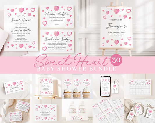 Editable A Little Sweetheart Baby Shower Invitation Bundle, Valentine Baby Shower with Love Games Bundle and All Heart Decorations SWHBS001