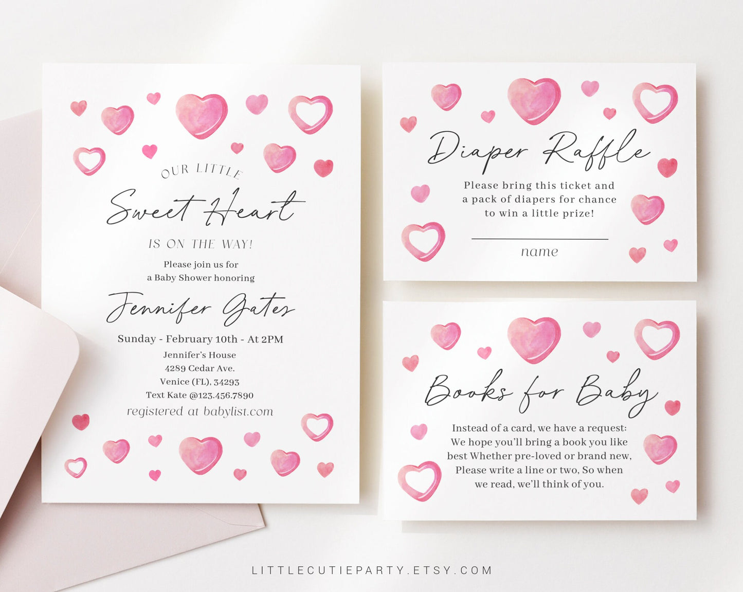 Editable Valentine Baby Shower Invitation, A Little Sweetheart Baby Shower Invite with Love Diaper Raffle, Books for Baby and Tag SWHBS001