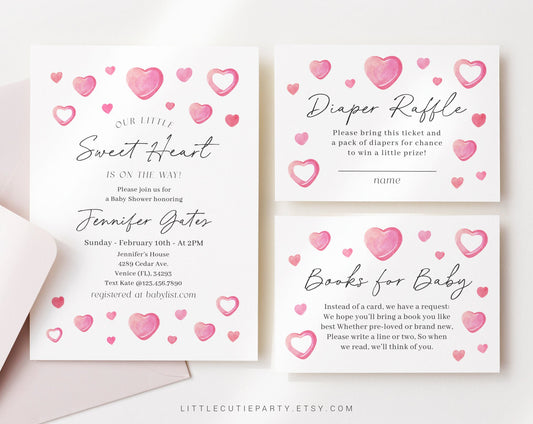 Editable Valentine Baby Shower Invitation, A Little Sweetheart Baby Shower Invite with Love Diaper Raffle, Books for Baby and Tag SWHBS001