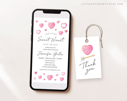 Editable A Little Sweetheart Evite, Love Baby Shower Invitation, Baby Shower Valentine Electronic Invite SWHBS001