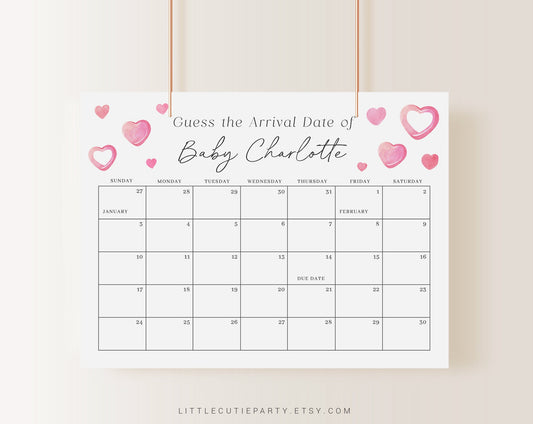 Editable A Little Sweetheart Baby Shower Due Date, Guess Due Date Calendar for Heart Baby Shower Party, Guess the Arrival Date SWHBS001