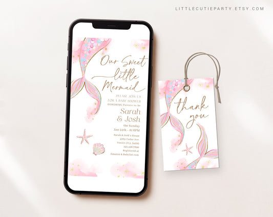 Editable Mermaid Baby Shower Invitation Digital, Mermaid Invite, Purple Mermaid Baby Shower Evite, Digital Invitation MRMBS001