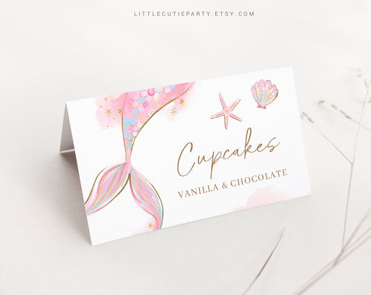 Editable Mermaid Baby Shower Food Labels, Food Tent cards, Folded Food Cards for Girls Mermaid Baby Shower Theme MRMBS001