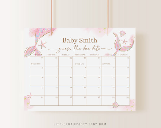 Editable Mermaid Baby Shower Calendar, Pink Mermaid Tail Due Date Calendar, Due Date Calendar Games for Shower Party MRMBS001