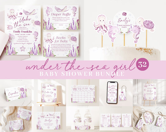Editable Ocean Girl Baby Shower Bundle, Pink Under the Sea Girl Baby Shower Decorations, with Games Bundle and All Decorations OCNPBS001