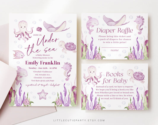 Editable Under the Sea Girl Baby Shower Invitation Set, Ocean Girl Baby Shower Invite with Diaper Raffle, Books for Baby and Tag OCNPBS001