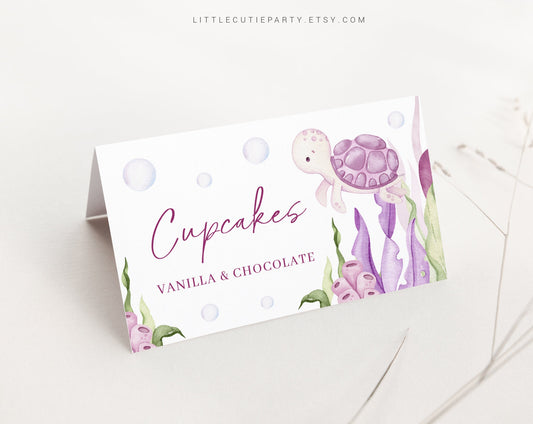 Editable Pink Ocean Girl Food Labels, Food Tent cards, Food Tags, Folded Food Cards for Under the Sea Pink Baby Shower Party OCNPBS001