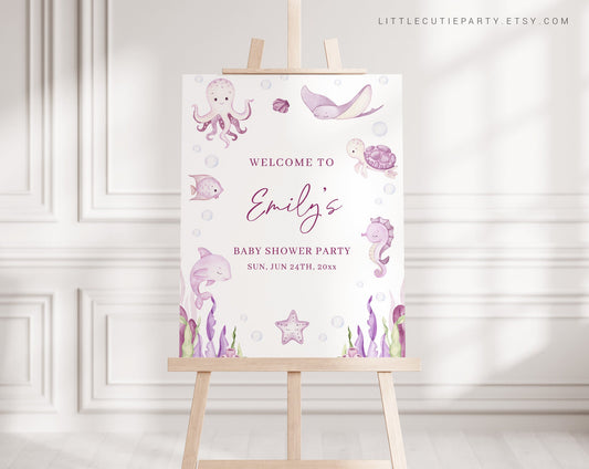Editable Pink Under the Sea Girl Baby Shower Welcome, Ocean Baby Shower Welcome Sign, Baby Shower Sign Decorations OCNPBS001