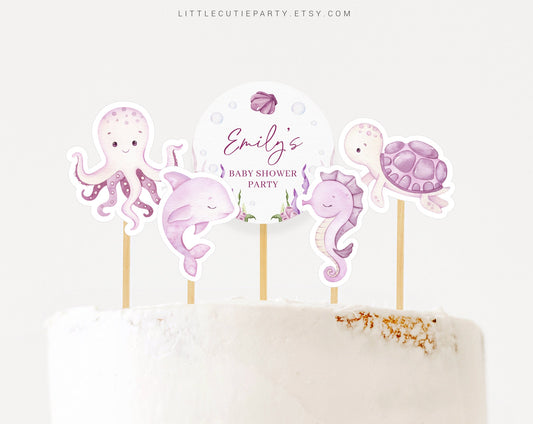 Editable Pink Under the Sea Girl Baby Shower Cake Toppers, Ocean Girl Cake Topper for Party Decorations OCNPBS001
