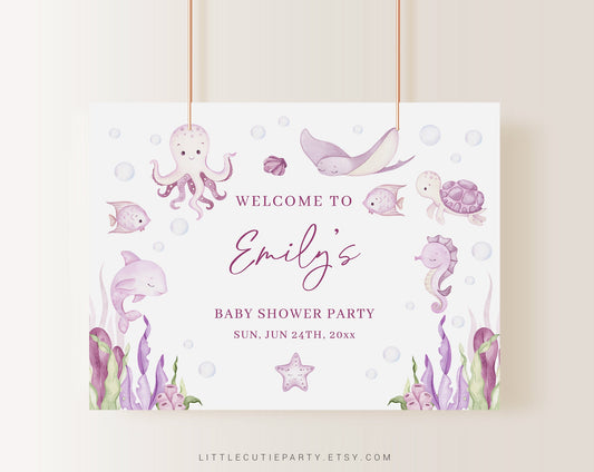 Editable Pink Ocean Girl Baby Shower Backdrop, Under the Sea Baby Shower Backdrop, Girl Baby Shower Banner for Decoration OCNPBS001