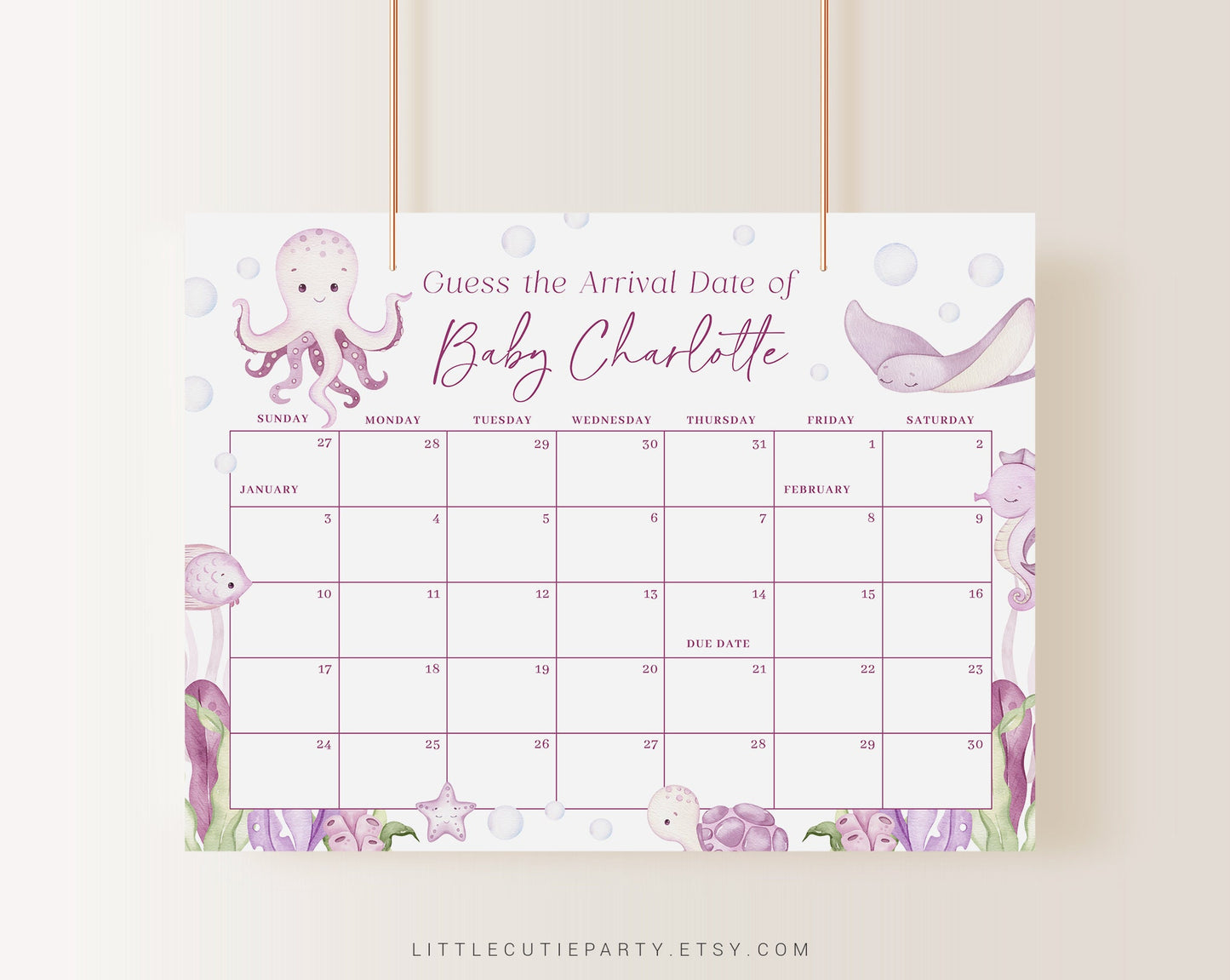 Editable Pink Ocean Girl Baby Shower Due Date, Under the Sea Baby Calendar Game, Due Date Calendar for Under the Sea Party OCNPBS001
