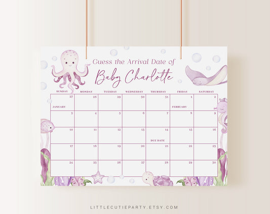 Editable Pink Ocean Girl Baby Shower Due Date, Under the Sea Baby Calendar Game, Due Date Calendar for Under the Sea Party OCNPBS001