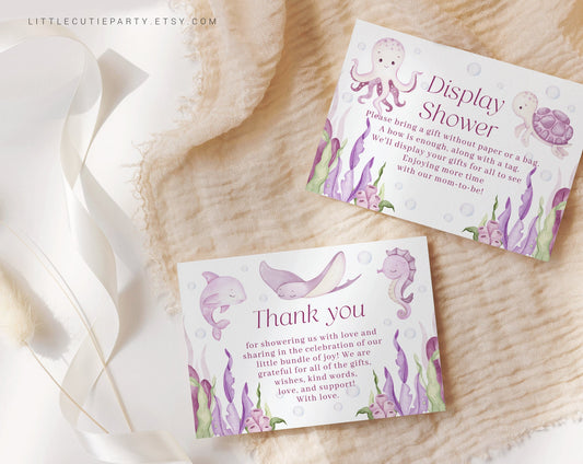 Editable Pink Ocean Girl Thank you Card, Baby Shower Display Card for Under the Sea Baby Shower Party OCNPBS001