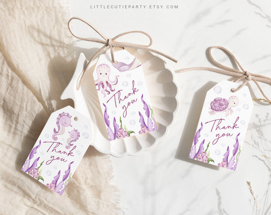 Editable Pink Ocean Girl Baby Shower Favors, Under the Sea Girl Baby Shower Tags, 3 Thank you Tags Baby Shower Party OCNPBS001