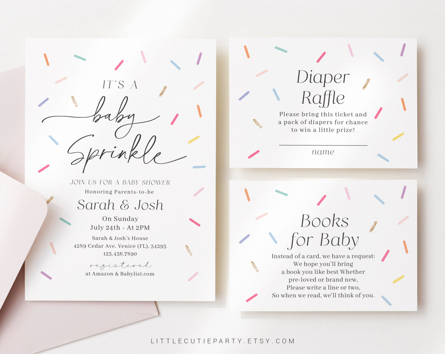 Editable Baby Sprinkle Invitation, Sprinkled With Love Baby Shower with Diaper Raffle, Books for Baby and Gift Tag Sprinkles Party SPKBS001