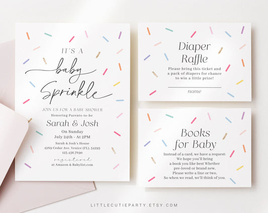 Editable Baby Sprinkle Invitation, Sprinkled With Love Baby Shower with Diaper Raffle, Books for Baby and Gift Tag Sprinkles Party SPKBS001
