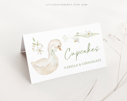 Editable Goose Baby Shower Food Labels, Food Tent cards, Folded Food Cards for Goose Baby Shower Decorations GSEBS001
