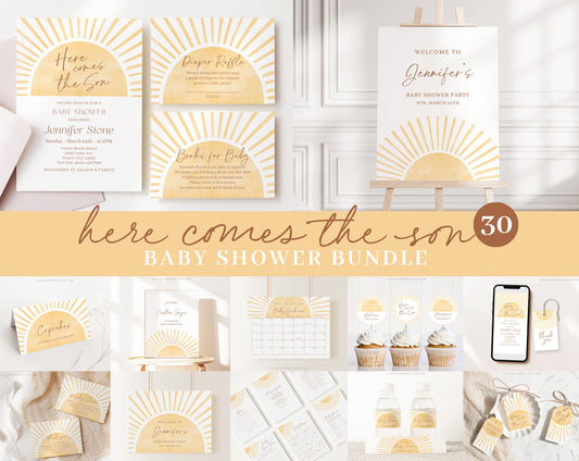 Editable Here Comes the Son Baby Shower Invitation Bundle, A Little Ray of Sunshine Baby Shower Invite with Games and All Decor SUNBS002