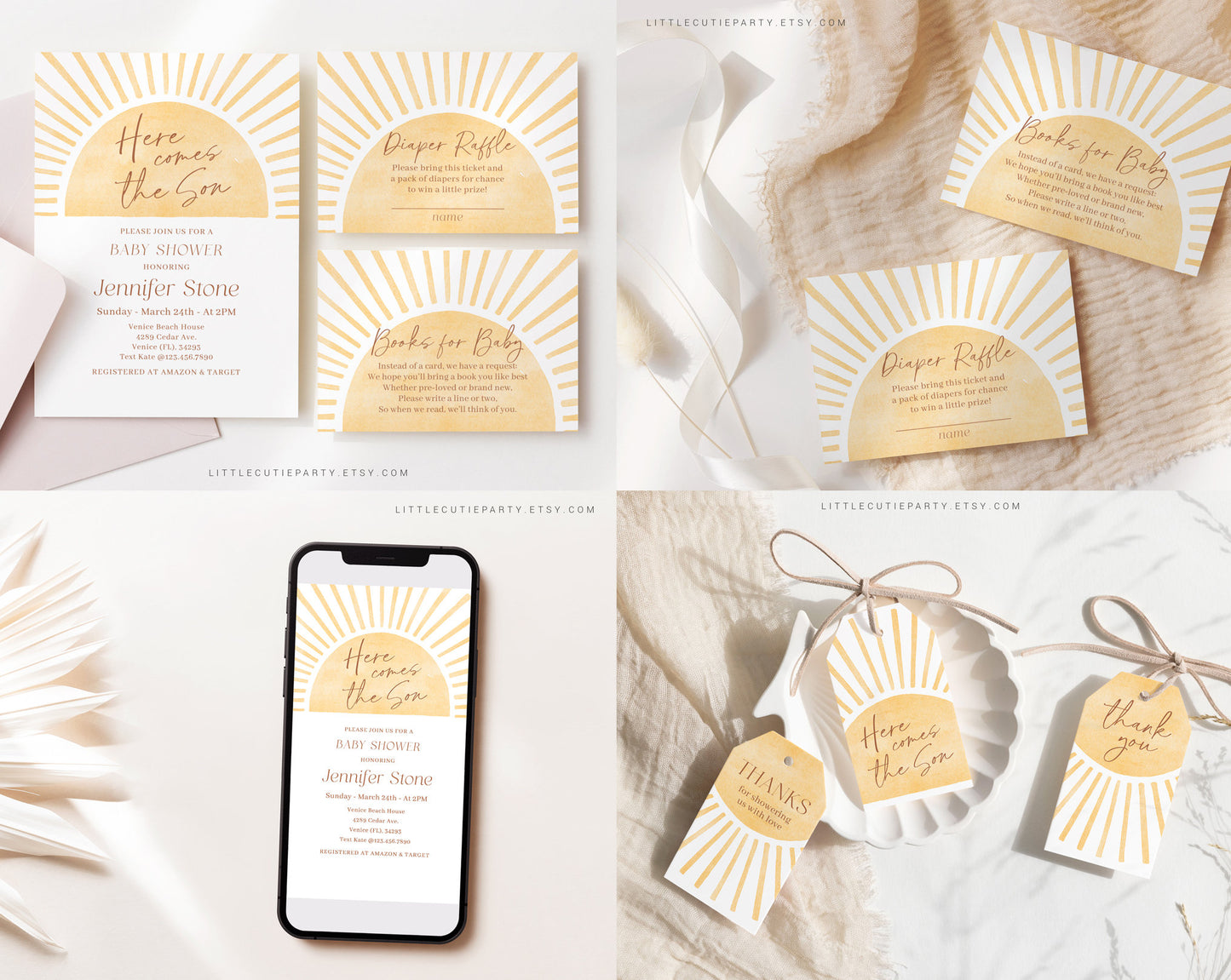 Editable Here Comes the Son Baby Shower Invitation Bundle, A Little Ray of Sunshine Baby Shower Invite with Games and All Decor SUNBS002