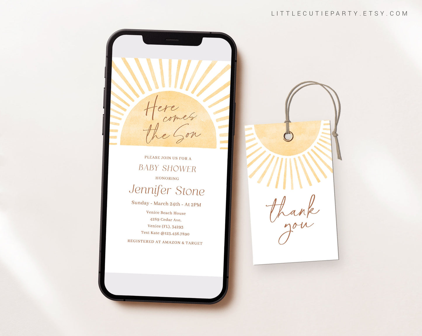 Editable Here Comes the Son, Digital a Little Ray of Sunshine Baby Shower Invitation, Sunshine Baby Shower Electronic Invite SUNBS002