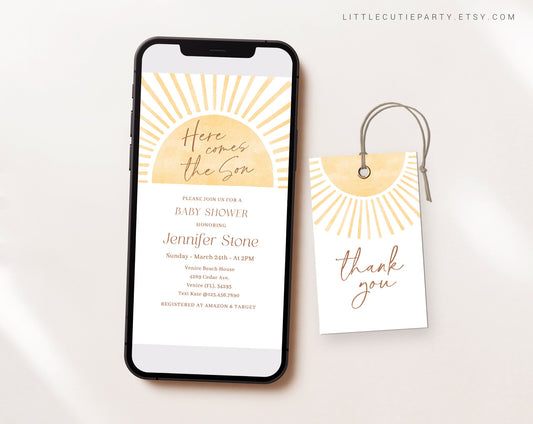 Editable Here Comes the Son, Digital a Little Ray of Sunshine Baby Shower Invitation, Sunshine Baby Shower Electronic Invite SUNBS002