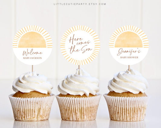 Editable Here Comes the Son Baby Shower Cake Topper, Sunshine Cupcake Topper for Baby Shower Party SUNBS002