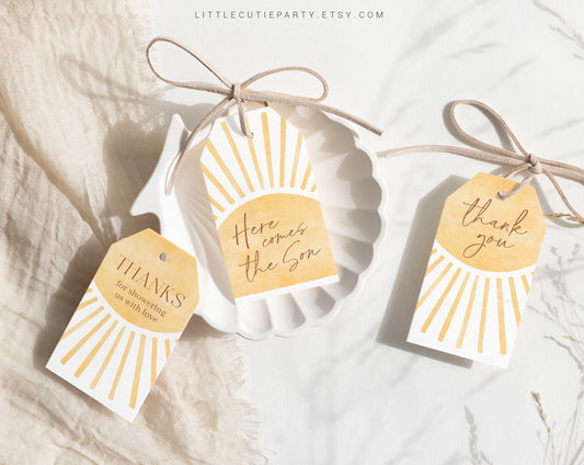 Editable Here Comes the Son Baby Shower Favor Tags, Sun Baby Shower Favors, 3 Thank you Tags for Sunshine Baby Shower Party SUNBS002