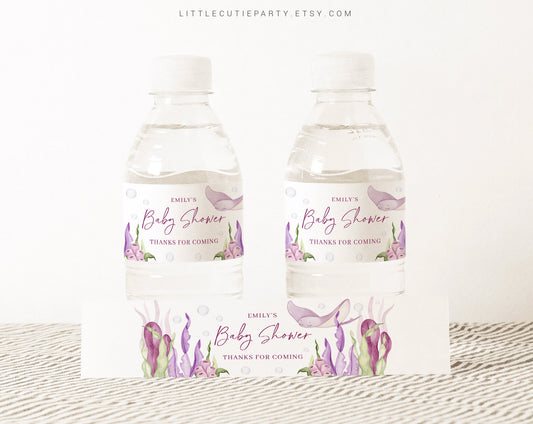 Editable Pink Ocean Girl Water Bottle Labels, Under the Sea Girl Bottle Labels, Pink Baby Shower Decorations OCNPBS001