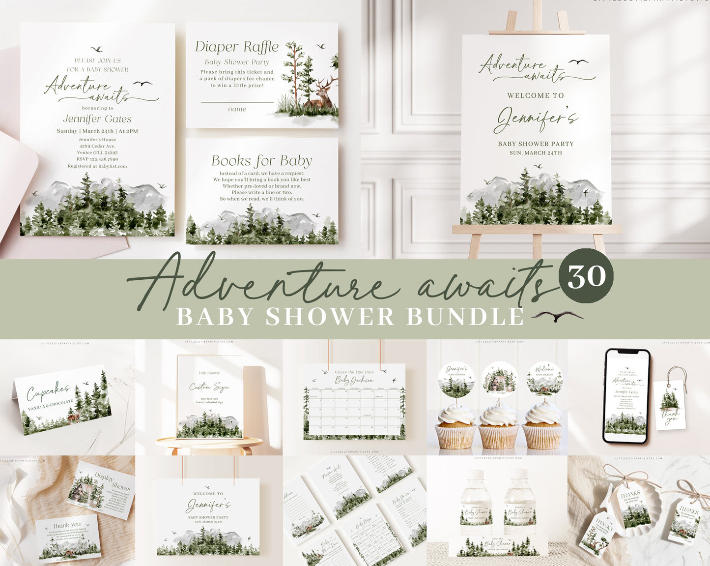 Editable Adventures await Baby Shower Invitations Bundle, Adventure Awaits Baby Shower Set with Games Bundle and All Decorations ADVBS001