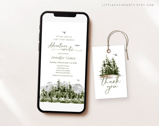 Editable Adventure Awaits Baby Shower Invite, Adventure Begins Baby Shower Evite, Baby Shower Digital Invitation for Woodland Party ADVBS001