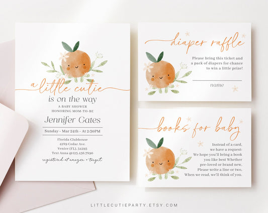 Editable A Little Cutie Baby Shower Invitation, Little Cutie Invite, Cutie on the Way with Diaper Raffle, Books for Baby and Tag LITTBS003