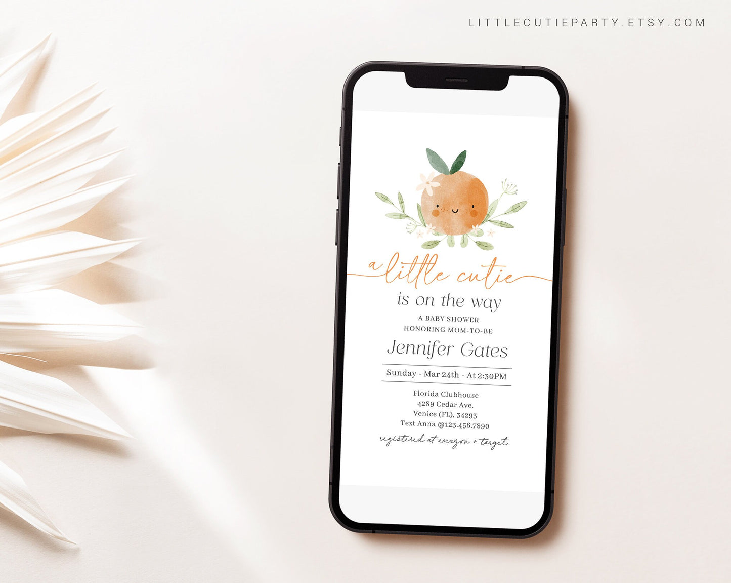 Editable Little Cutie Invite,  A Little Cutie Baby Shower Evite, Baby Shower Digital Invitation for Little Orange Party LITTBS003