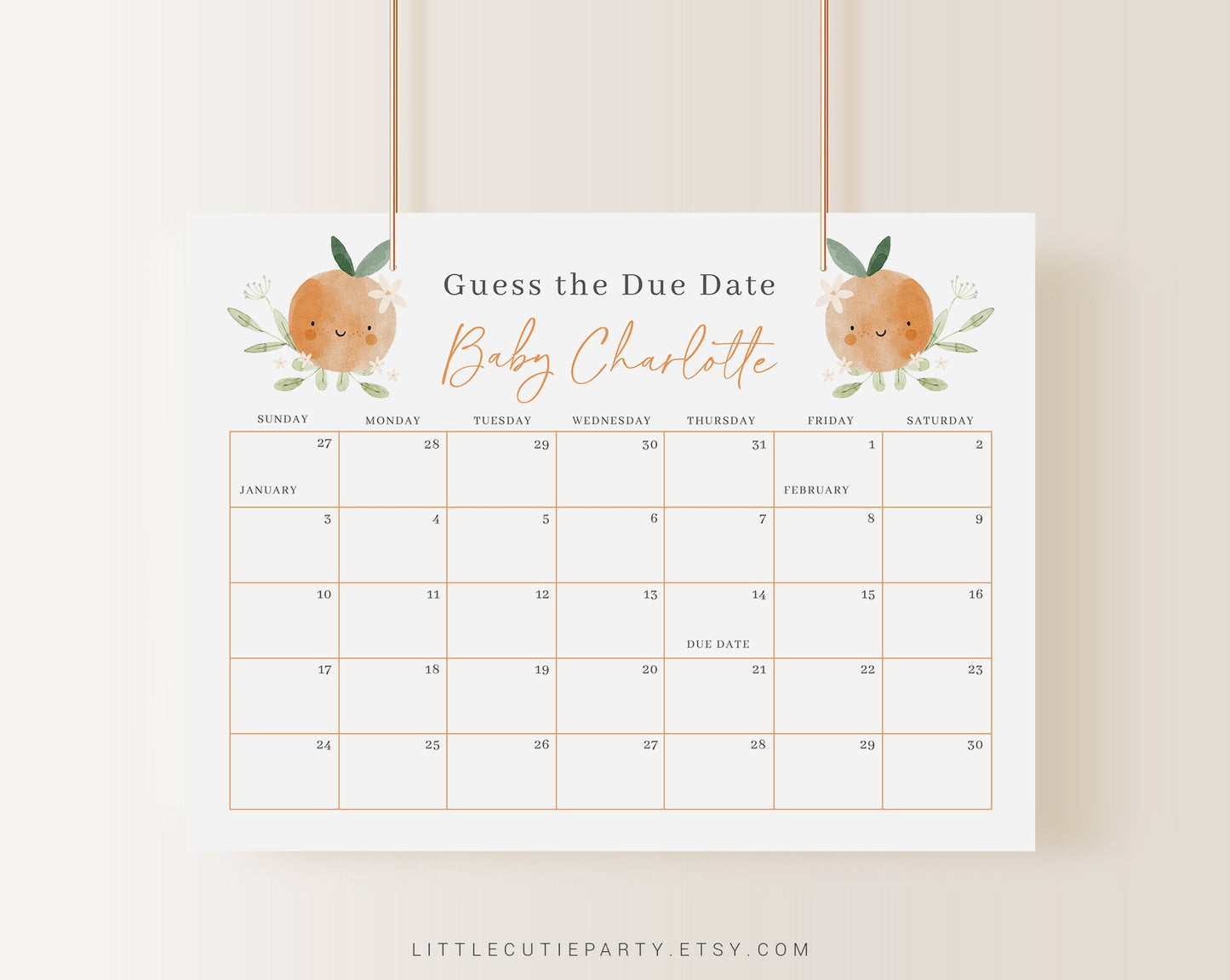 Editable A Little Cutie Baby Shower Calendar, Little Cutie Due Date Calendar, Baby Shower Due Date Calendar Games for Shower LITTBS003