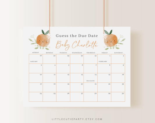 Editable A Little Cutie Baby Shower Calendar, Little Cutie Due Date Calendar, Baby Shower Due Date Calendar Games for Shower LITTBS003