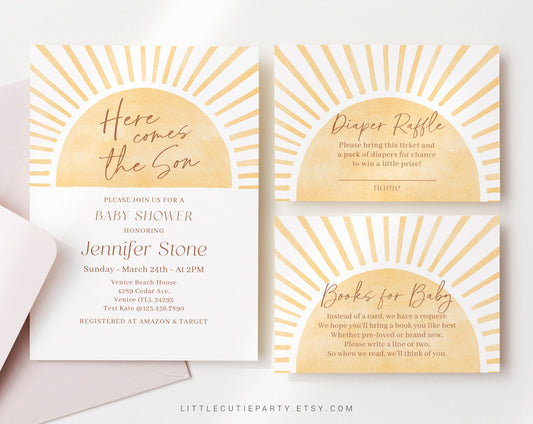 Editable Here Comes the Son Baby Shower Invite, Sun baby shower invitation with Diaper Raffle, Books for Baby and Gift Tag SUNBS002