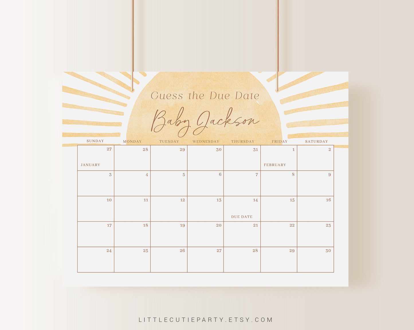 Editable Here Comes the Son Baby Shower Due Date, Sunshine Baby Shower Games, Due Date Calendar for Baby Shower Party SUNBS002