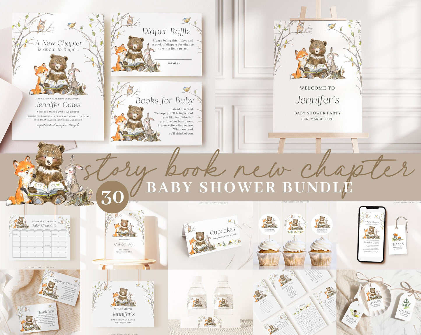 Editable Storybook Baby Shower Bundle, Story Book Shower Bundle Set with Games Bundle and Bear Friends Baby Shower Decorations STBBS001