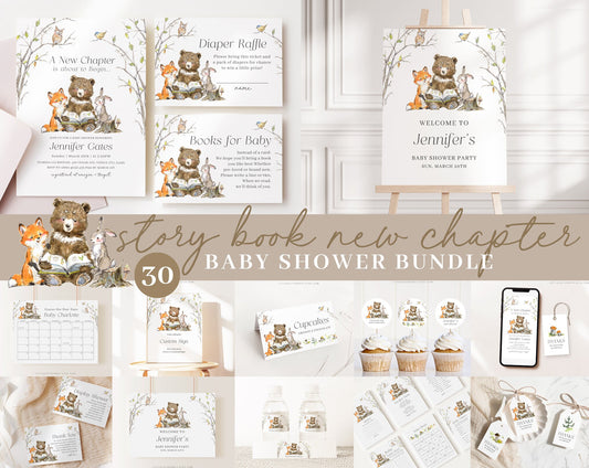 Editable Storybook Baby Shower Bundle, Story Book Shower Bundle Set with Games Bundle and Bear Friends Baby Shower Decorations STBBS001