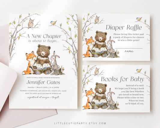 Editable Storybook Baby Shower Invitation Set, Chapter Book Invite, Story Book Shower with Diaper Raffle, Books for Baby and Tag STBBS001