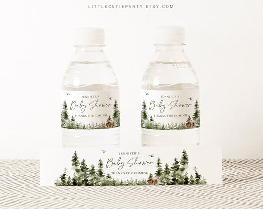 Editable Adventure Awaits Water Bottle Labels, Bottle Label Woodland Adventure Baby Shower Party Decorations ADVBS001