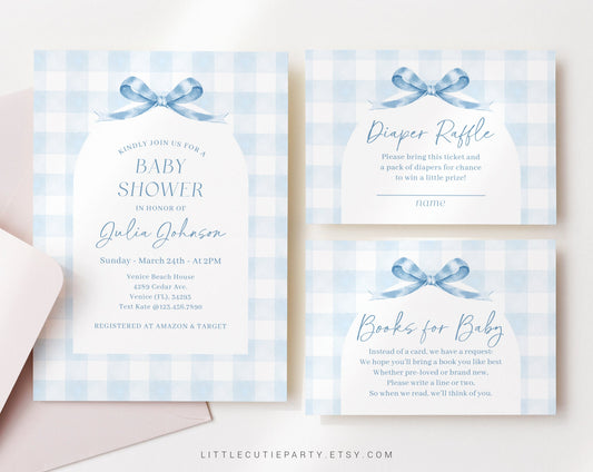 Editable Blue Gingham Baby Shower Invitation, Baby Blue Boy Baby Shower Invite, Gingham with Diaper Raffle, Books for Baby and Tag BGHBS001