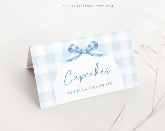 Editable Blue Gingham Baby Shower Food Labels, Food Tent cards, Folded Food Cards for Blue Bow Baby Shower Decorations Theme BGHBS001