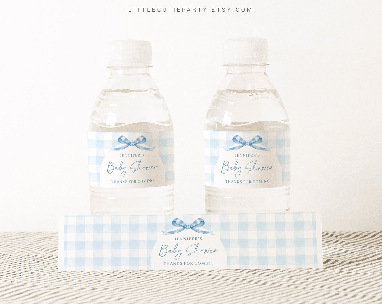 Editable Blue Gingham Baby Shower Water Bottle Labels, Bottle Label for Blue Bow Baby Shower Theme Decorations BGHBS001