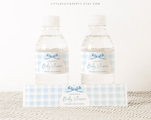 Editable Blue Gingham Baby Shower Water Bottle Labels, Bottle Label for Blue Bow Baby Shower Theme Decorations BGHBS001