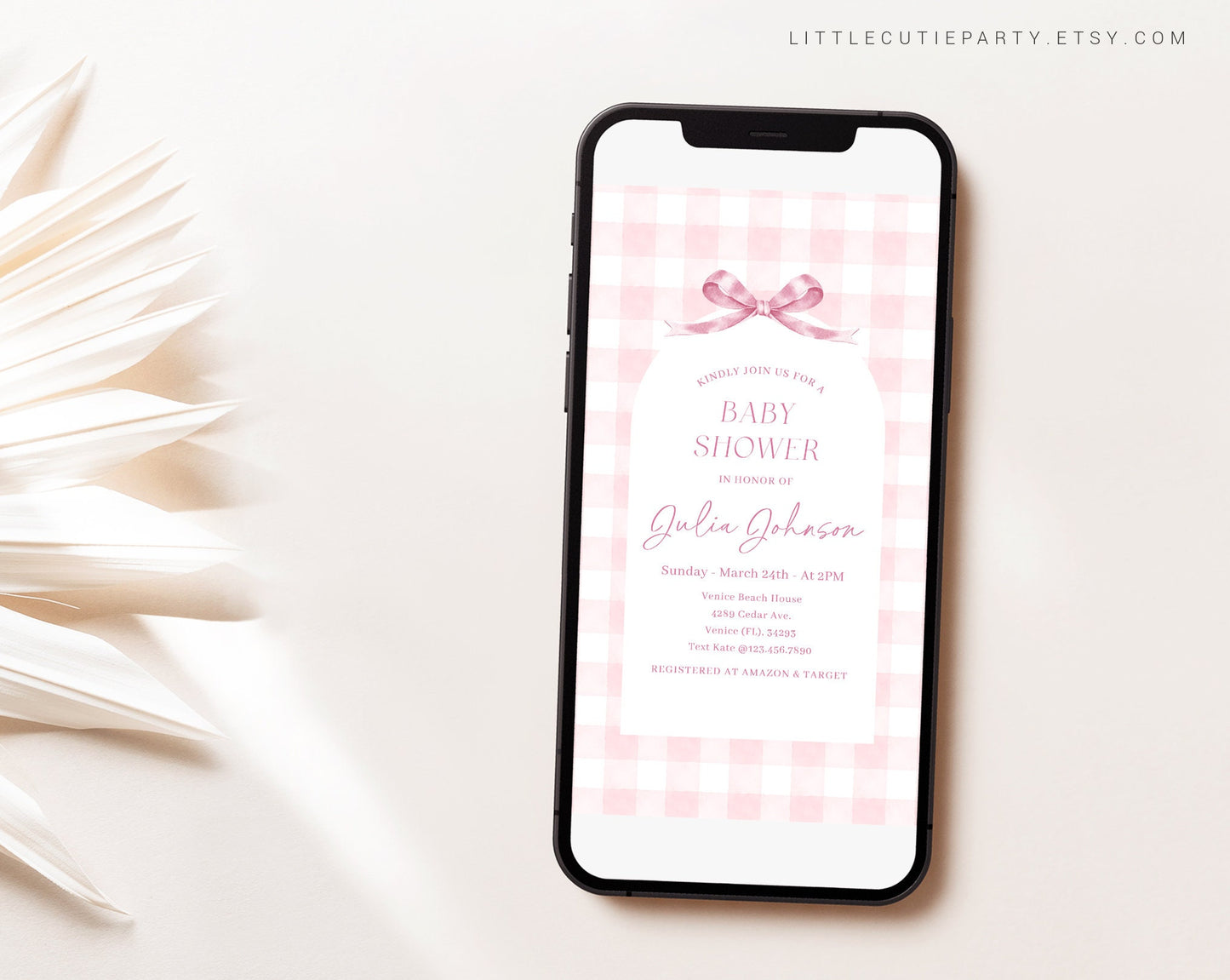 Editable Pink Gingham Baby Shower Invite, Pink Bow Baby Shower Invitations, Baby Shower Digital Invitation Evite for Baby Girls PGHBS001